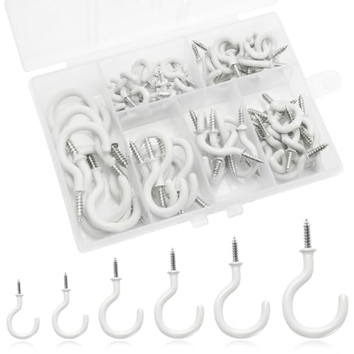 70Pcs Schraubhaken Kit Einschraub-Tassenhaken, Deckenhaken zum Aufhängen von Lichterketten im Freien Weihnachtsdekoration Schmuck Handwerk, 6 Größen (1-1/4", 1", 7/8", 5/8", 3/4", 1/2") (Weiß) von Weniubit