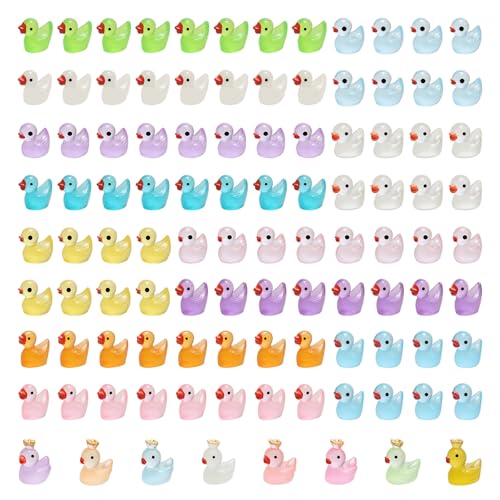 Weniubit 104 Stück Mini Harz Enten, 20 Farben Tiny Ducks Glow in The Dark, Mini Harz Tiere Enten mit Kronen, Miniatur kleine Ente für Aquarium Garten Fee Dollhouse Decor von Weniubit