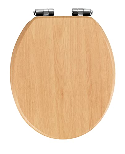 WENKO WC-Sitz Buche Natur, Toilettensitz mit Absenkautomatik in Holz-Optik, WC-Deckel für sanftes Deckelschließen, mit Fix-Clip Hygienebefestigung, Toilettenbrille aus MDF, 35,5 x 42,5 cm, Hellbraun von WENKO