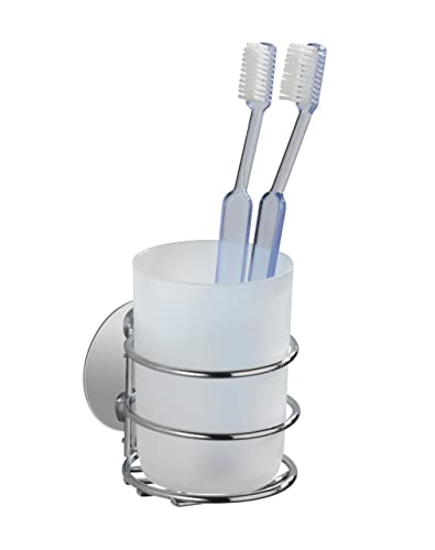 WENKO Turbo-Loc® Zahnputzbecher, Befestigen ohne Bohren, Becher aus satiniertem Kunststoff in Weiß, Chrom-Halterung zur Wandmontage, 7,5 x 10 x 9 cm von WENKO
