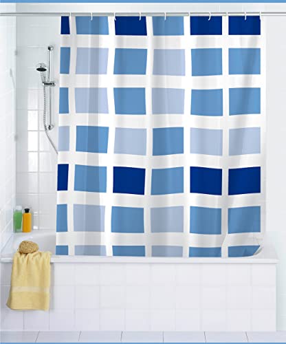 WENKO Duschvorhang Mosaik, Vorhang aus recyceltem Kunststoff (PE),für Dusche und Badewanne, wasserdicht, 180 x 200 cm, inkl. 12 Duschvorhangringen, Blau/Weiß von WENKO