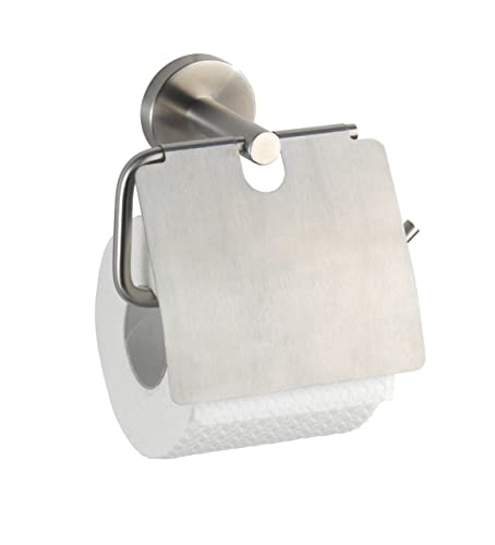 WENKO Toilettenpapierhalter mit Deckel Bosio Edelstahl matt - WC-Rollenhalter, Edelstahl rostfrei, 15 x 13.5 x 7 cm, Matt von WENKO