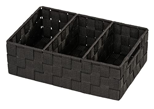 WENKO Organizer Adria, Aufbewahrungskorb mit 3 Fächern und praktischem Griff, feste Trennwände, hochwertiges Kunststoffgeflecht mit Metallstangen für extra Stabilität, 32 x 10 x 21 cm, Schwarz von WENKO