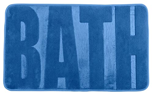 WENKO Badematte Memory, rutschhemmend, flauschiger Badteppich in Blau mit Schriftzug Bath für Badezimmer und Gäste-WC, dekorative hochflorige, schwere Oberfläche aus 100% Polyester, 50 x 80 cm von WENKO