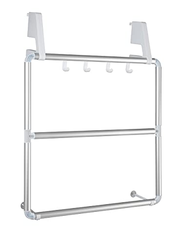 WENKO Handtuchhalter für Tür und Duschkabine Compact - mit 3 Querstangen und 4 Haken, Aluminium, 62.5 x 78 x 14.5 cm, Silber matt von WENKO