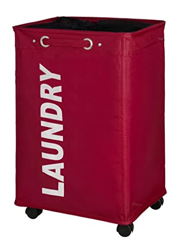 WENKO Wäschesammler Quadro rot, stabiler Wäschekorb, Wäschetonne mit Rollen, Wäschetruhe mit Griff, 100% Polyester, Fassungsvermögen 60 x 33 x 40 cm von WENKO