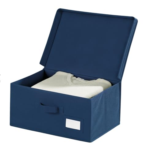 WENKO Aufbewahrungsbox Air S, mit klappbarem Deckel, praktischem Griff und Beschriftungsfenster, schützt vor Motten, Staub und Schmutz, aus atmungsaktivem Vlies-Material, 34 x 19 x 24 cm, Navy von WENKO