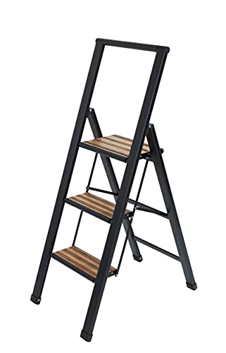 WENKO Leichte Alu-Design Klapptrittleiter 3 stufig, 75 cm höheren Stand, Rutschsichere XXL-Stufen, 44 x 127 x 5,5 cm, Schwarz von WENKO