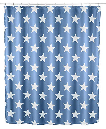 WENKO Anti-Schimmel Duschvorhang Stella Blau, Textil-Vorhang mit Antischimmel Effekt fürs Badezimmer, waschbar, wasserabweisend, mit Ringen zur Befestigung an der Duschstange, 180x200cm von WENKO