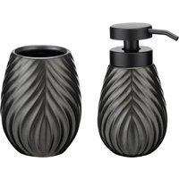 WENKO Badaccessoire-Set "Modell Idro Anthrazit" Seifenspender und Zahnputzbecher aus Keramik, Linien-Struktur von Wenko