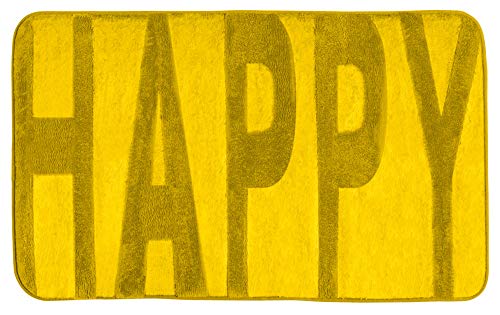 WENKO Badematte Memory, rutschhemmend, flauschiger Badteppich in Gelb mit Schriftzug Happy für Badezimmer und Gäste-WC, dekorative hochflorige, schwere Oberfläche aus 100% Polyester, 50 x 80 cm von WENKO