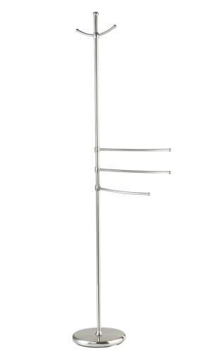 WENKO Handtuchständer Mod. Adiamo mit höhenverstellbaren Armen und 2 Haken, Garderobenständer aus gebürstetem Stahl, 28 x 170 x 28 cm von WENKO
