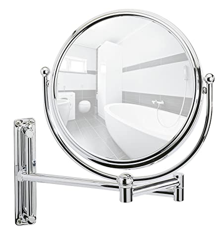 WENKO Kosmetikspiegel Deluxe, Spiegel mit 100%-Spiegelfläche und 5-fach Vergrößerung, (B/H): Ø 19 cm, stufenlos ausziehbar, schwenkbar & höhenverstellbar, ca. 31 cm Armlänge, 23 x 28,5 x 33 cm, Chrom von WENKO