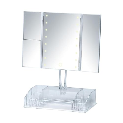 WENKO LED Standspiegel mit Organizer Fanano, Kosmetikspiegel mit LED-Beleuchtung und 3 Seiten, 100 % Spiegelfläche und 2-fach bzw. 3-fach Vergrößerung, schwenkbar, Touchfunktion, 34,5 x 39 x 16,5 cm von WENKO