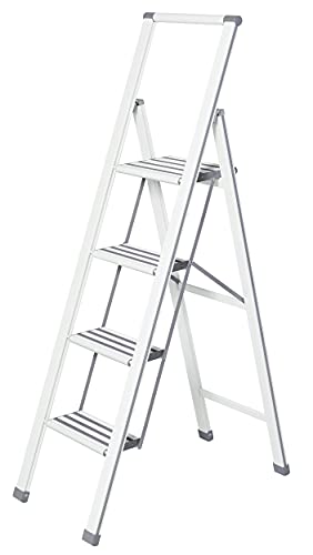 WENKO Leichte Aluminium Trittleiter mit 4 Stufen für 100 cm höheren Stand, rutschsichere XXL-Stufen, Design Klapptrittleiter, TÜV Süd zertifiziert, 44 x 153 x 5,5 cm, Weiß von WENKO