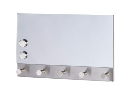 WENKO Magnet-Garderobe Mirror, hochwertiges Memoboard mit integriertem Spiegel, inkl. 2 Magnete, Hakenleiste mit 5 Haken ideal als Schlüsselbrett oder Garderobe nutzbar, einfache Montage, 30 x 19 cm von WENKO