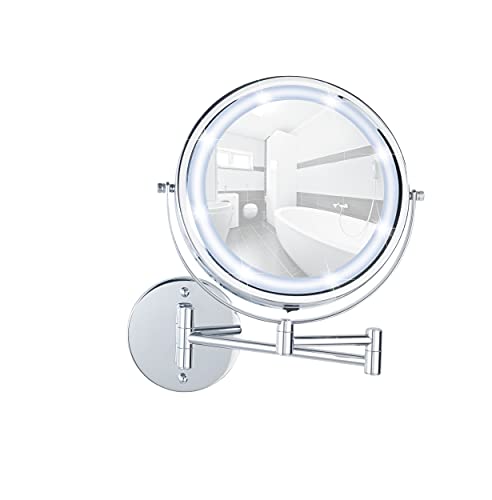 WENKO Power-Loc® LED Wandspiegel Lumi, Kosmetikspiegel zum Befestigen ohne Bohren, 5-fach Vergrößerung, Spiegelfläche Ø 17 cm, batteriebetrieben von WENKO