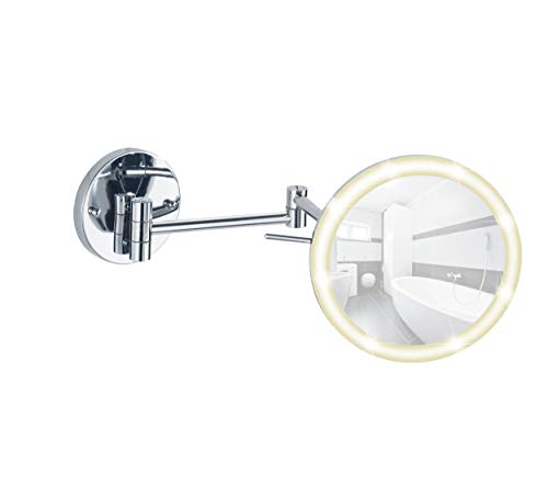 WENKO Power-Loc LED Wandspiegel Aura - mit hochwertigem Acrylrahmen, Befestigen ohne bohren, Spiegelfläche ø 16.5 cm 500 Prozent Vergrößerung, Stahl, 20 x 24 x 10-40 cm, chrom, Silber, Klein (Weniger als 30 cm) von WENKO