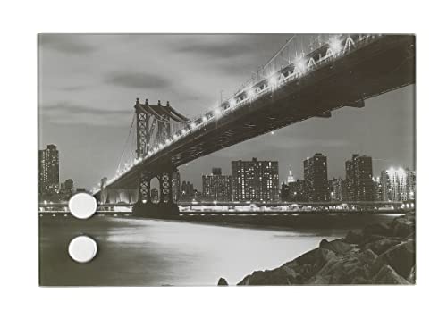 WENKO Schlüsselkasten Manhattan Bridge aus mattiertem, rostfreiem Edelstahl mit integriertem Glasbild aus gehärtetem Glas, mit 17 Edelstahl-Haken, magnetisches Memobard inkl. 2 Magnete, 30 x 20 x 5 cm von WENKO