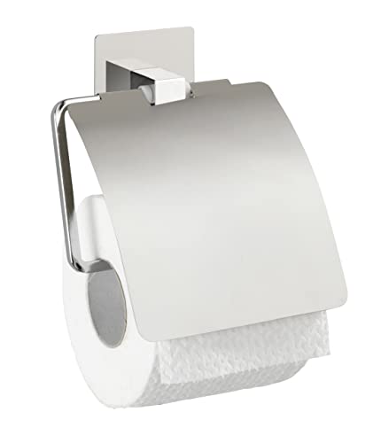 WENKO Turbo-Loc® Edelstahl Toilettenpapierhalter mit Deckel Quadro - Befestigen ohne bohren, Edelstahl rostfrei, 13 x 16.5 x 3.5 cm, Chrom von WENKO