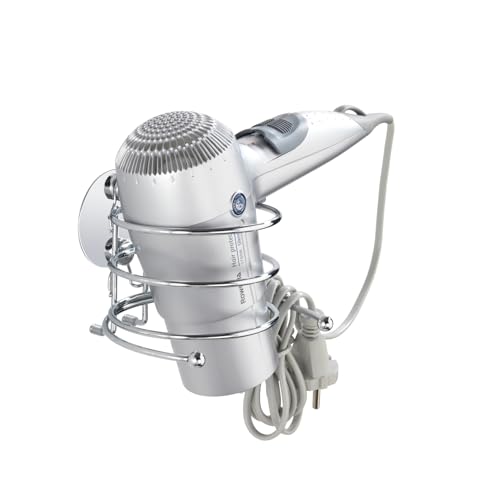 WENKO Turbo-Loc® Haartrocknerhalter, Föhnhalterung fürs Badezimmer, mit Kabelhalter, Befestigung ohne bohren, aus verchromtem Stahl, 14 x 7,5 x 11,5 cm von WENKO