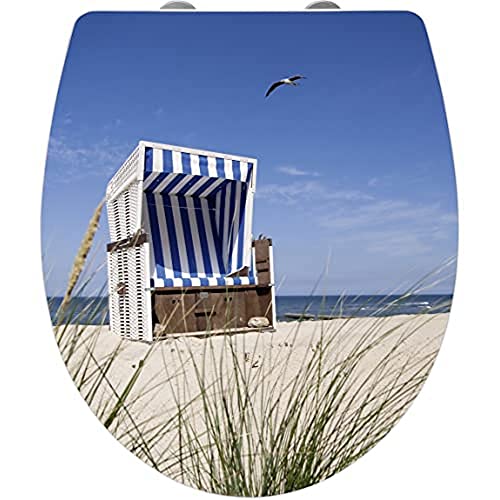 WENKO WC-Sitz Hochglanz Acryl Strandkorb, High Gloss Oberfläche, hygienischer Toilettendeckel mit Absenkautomatik, aus antibakteriellem Duroplast, 39 x 45 cm von WENKO