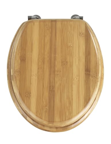 WENKO WC-Sitz Bambus, Toilettensitz aus echtem Bambus, WC-Deckel mit rostfreien Edelstahl-Scharnieren, 34 x 41 cm, Dunkelbraun von WENKO