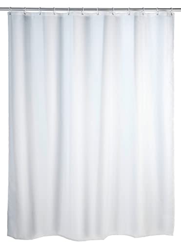 WENKO Anti-Schimmel Duschvorhang Weiß, Textil-Vorhang mit Antischimmel Effekt fürs Badezimmer, waschbar, wasserabweisend, mit Ringen zur Befestigung an der Duschstange, 180 x 200 cm von WENKO