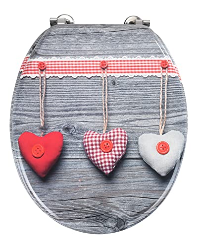 WENKO WC-Sitz Bavarian Hearts, Toilettensitz mit Herz-Design, WC-Deckel inkl. Wandpuffer und rostfreier Edelstahlbefestigung, Toilettenbrille aus MDF, 35,5 x 42,5 cm, FSC® zertifiziert, Mehrfarbig von WENKO