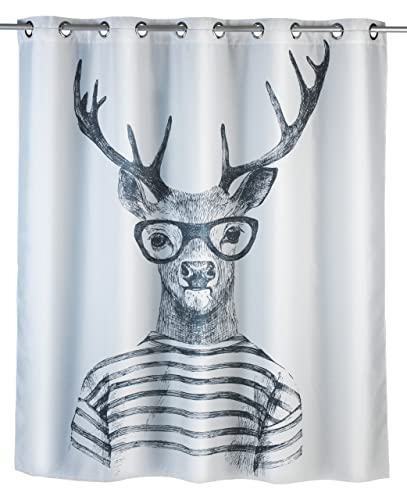 WENKO Anti-Schimmel Duschvorhang Mr.Deer Flex, Textil-Vorhang mit Antischimmel Effekt, große integrierte Ringe zur Befestigung an der Duschstange, waschbar,wasserabweisend, 180 x 200 cm von WENKO