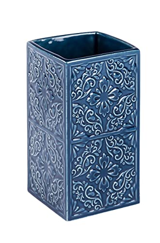 WENKO Zahnputzbecher Cordoba, hochwertiger Zahnbürstenhalter für Zahnbürste und Zahnpasta aus edler Keramik mit spanischen Ornamenten, 6,5 x 6,5x 12 cm, Blau von WENKO