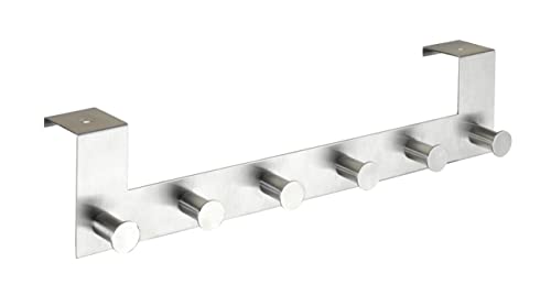 WENKO Türgarderobe Edelstahl Celano - Hakenleiste mit 6 Haken, für Türfalzstärken bis 4 cm, Edelstahl rostfrei, 39 x 11 x 7.5 cm, Matt von WENKO