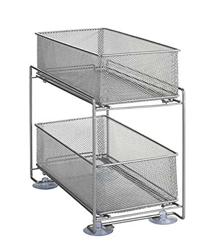 WENKO Schubladenregal Gioma, hochwertiger Organizer mit 2 Etagen und Korb-Auszug für Küchenschrank oder Arbeitsplatte, Küchenregal aus pulverbeschichtetem Metall, 35 x 33,5 x 18,5 cm, Silber-Matt von WENKO