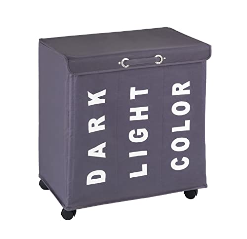 WENKO Wäschesammler Trivo Grau, Stabiler Wäschekorb mit Vier leichtgängigen Rollen und Deckel, 116 l Stauraum und DREI Fächer, (B x H x T): 56 x 60 x 35 cm, Aufschriften Dark, Light, Color von WENKO