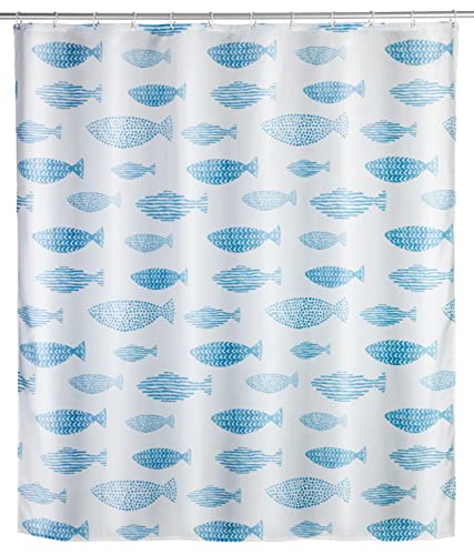 WENKO Anti-Schimmel Duschvorhang Aquamarin, Textil-Vorhang mit Antischimmel Effekt fürs Badezimmer, waschbar, wasserabweisend, mit Ringen zur Befestigung an der Duschstange, 180 x 200 cm von WENKO