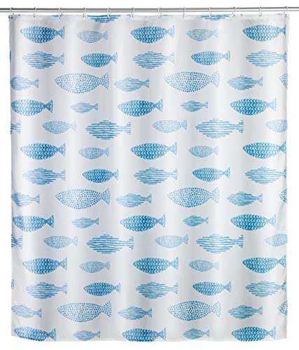 WENKO Anti-Schimmel Duschvorhang Mod. Aquamarin, Textil-Vorhang mit Antischimmel Effekt fürs Badezimmer, waschbar, wasserabweisend, mit Ringen zur Befestigung an der Duschstange, 180 x 200 cm von WENKO