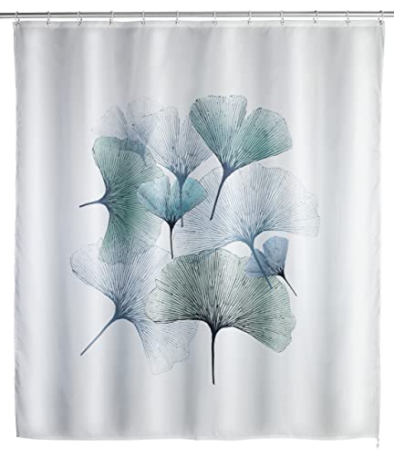 WENKO Anti-Schimmel Duschvorhang Ginkgo, Textil-Vorhang mit Antischimmel Effekt fürs Badezimmer, waschbar, wasserabweisend, mit Ringen zur Befestigung an der Duschstange, 180 x 200 cm von WENKO