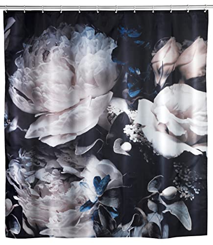 WENKO Anti-Schimmel Duschvorhang Peony, Textil-Vorhang mit Antischimmel Effekt fürs Badezimmer, waschbar, wasserabweisend, mit Ringen zur Befestigung an der Duschstange, 180 x 200 cm von WENKO