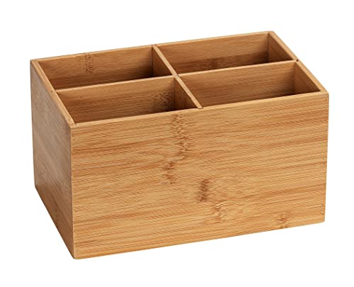 WENKO Bambus Box Terra 4 Fächer, Aufbewahrungsdose für Schmuck, Bürobedarf & Kosmetik, übersichtliche Aufbewahrung von kleinen Utensilien in vier Fächern, ideal für das Bad , 22 x 12 x 14 cm, Natur von WENKO