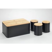 Wenko - Brotkasten mit 3 Aufbewahrungsdosen, Schwarz, mit Deckel aus Bambus, Schwarz, Metall schwarz, Bambus braun - schwarz von Wenko