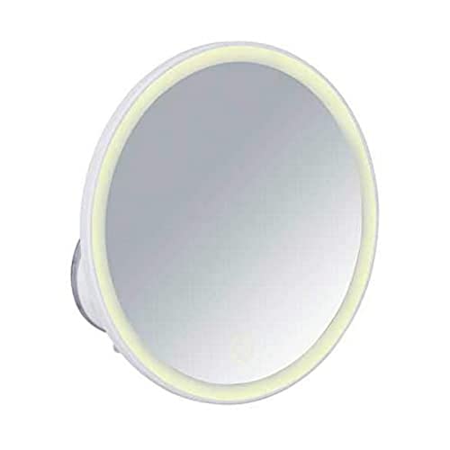 WENKO LED-Wandspiegel Mod. Isola, Kosmetikspiegel mit LED-Beleuchtung, Schminkspiegel schwenkbar, 5-Fach Vergrößerung, Touchfunktion für dimmbare Helligkeit, batteriebetrieben, Ø 18,5 x 10,5 cm von WENKO