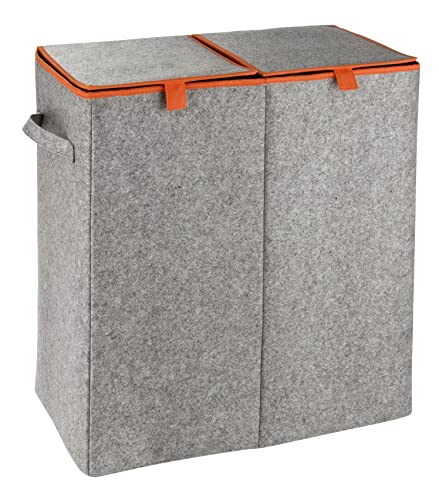 WENKO Wäschesammler Duo Grau/Orange, stabiler Wäschekorb aus recyceltem Filz mit 2 Fächern & separaten Klappdeckeln, Tragegriff für einfachen Transport, 82 Liter Volumen, (B x H x T): 52 x 54 x 28 cm von WENKO