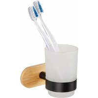 Turbo-Loc® Zahnputzbecher Uno Orea Bamboo, Abnehmbarer Becher aus satiniertem Glas, Schwarz, Edelstahl rostfrei schwarz, Bambus natur, Glas satiniert von Wenko