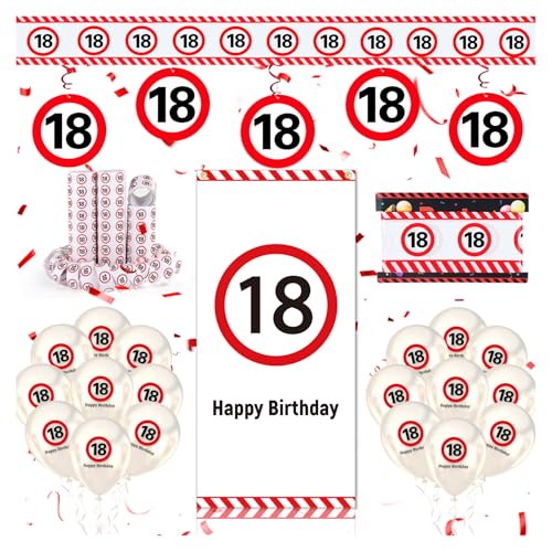WenmthG 18 Geburtstag Deko Mädchen Jungen, 18. Geburtstag Deko mit Banner, Girlande, Luftballons, Absperrband, Luftschlangen - Verkehrsschild zum 18 Jahre, Verkehrszeichen 18. Geburtstagsdeko von WenmthG