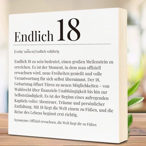 WenmthG Geschenk zum 18. Geburtstag - 18. Geburtstag Junge Mädchen - Holzbild 15 x 15 x 2cm zum Hinstellen aufs Regal/Wohnzimmer von WenmthG