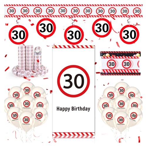 WenmthG 30 Geburtstag Deko Männer Frauen, 30. Geburtstag Deko mit Banner, Girlande, Luftballons, Absperrband, Luftschlangen - Verkehrsschild zum 30 Jahre, Verkehrszeichen 30. Geburtstagsdeko von WenmthG