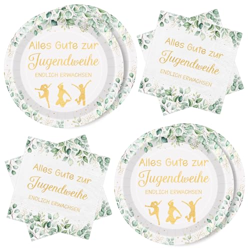 WenmthG 40 Stück Servietten Pappteller Jugendweihe Deko für Junge Mädchen - Eukalyptus mit Spruch Alles Gute zur Jugendweihe - Servietten 3-Lagige weich, Pappteller wasserdicht von WenmthG