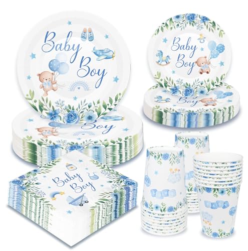 WenmthG Babyparty Deko Junge, 100 Stück Baby Shower Deko mit Servietten Pappteller Bescher - Babyshowerparty Deko Junge - its a boy Deko von WenmthG