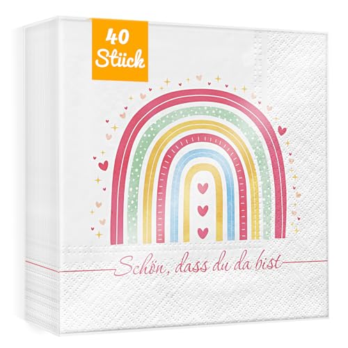 WenmthG Regenbogen Deko Servietten Kindergeburtstag Deko - 40 Stück Regenbogen Servietten für Taufe Kindergeburtstag Einschulung Mädchen Babyparty mit Spruch Schön dass du da bist - 33 x 33 cm WenmthG Regenbogen Deko Servietten Kindergeburtstag Deko - 40 Stück Regenbogen Servietten für Taufe Kindergeburtstag Einschulung Mädchen Babyparty mit Spruch Schön dass du da bist - 33 x 33 cm von WenmthG