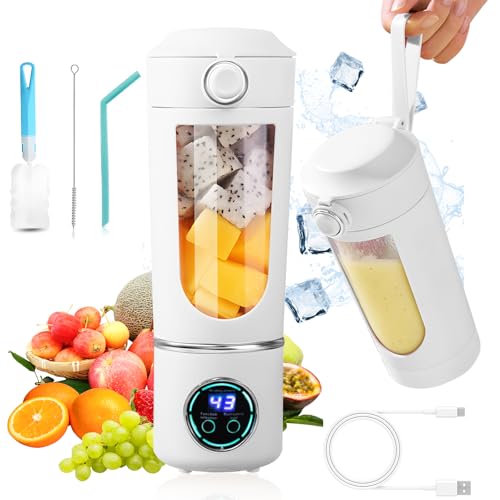Tragbarer Mixer, Mini-Standmixer, kleiner Entsafter, Smoothie-Maker mit Silikon Strohhalm,12 Edelstahlklingen und Digitalanzeige, wiederaufladbarer Typ-C Shake-Mixer mit 700 ml Fassungsvermögen, weiß von Wenosda